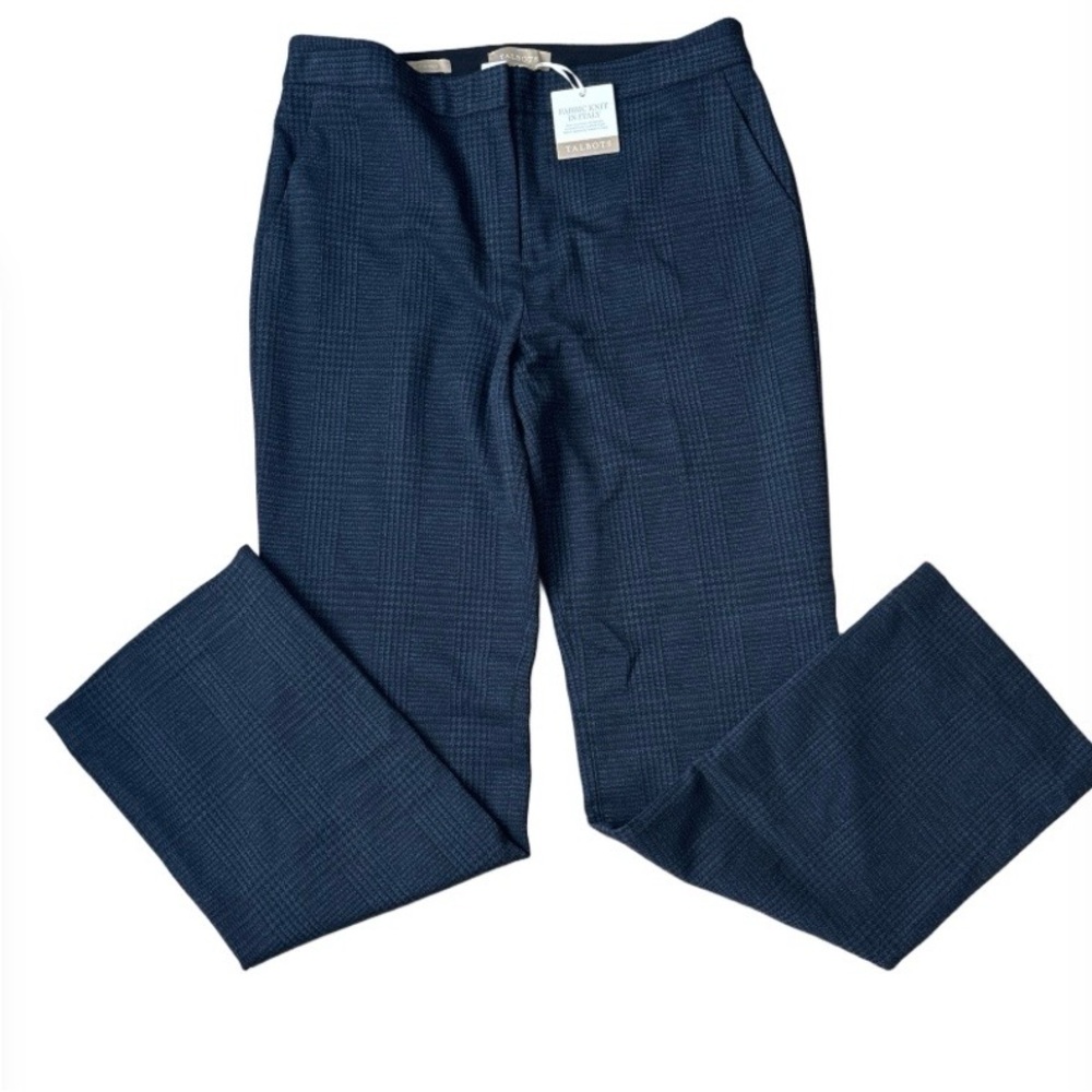 NWT Talbots Luxe Italian Knit Lined Career Pants Blue and Black Glen Plaid SZ 12